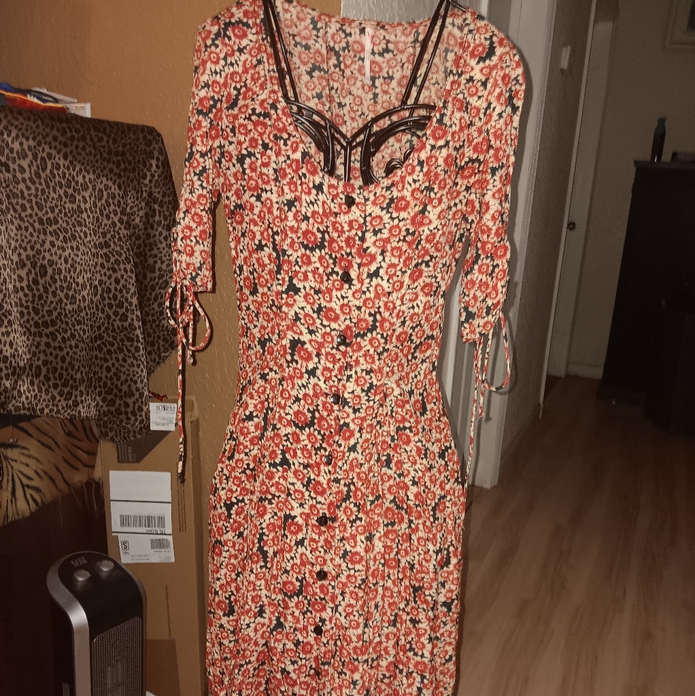 Free People Red Asymmetrical Sheath Dress with Flutter Sleeves